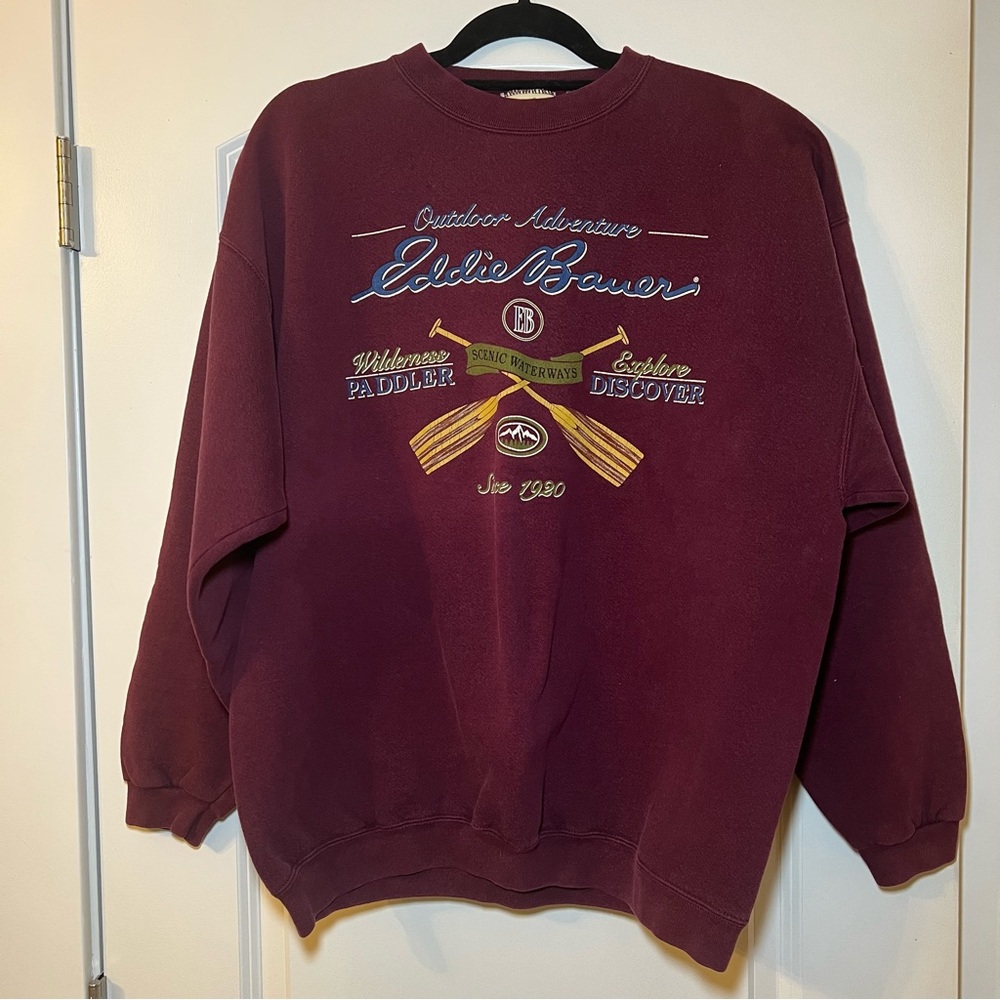 Vtg Eddie Bauer Sweatshirt Mens L Maroon Paddle Outdoor Kayak 90s Adventure USA